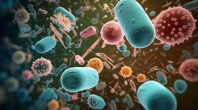 Close up of bacteria and virus cells. Biology, Science medicine background