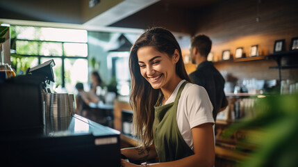 A Joyful Female Barista Excelling in Her Role with a Radiant Smile