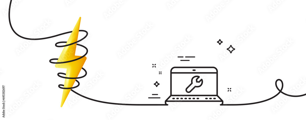 Poster spanner tool line icon. continuous one line with curl. laptop repair service sign. fix instruments s