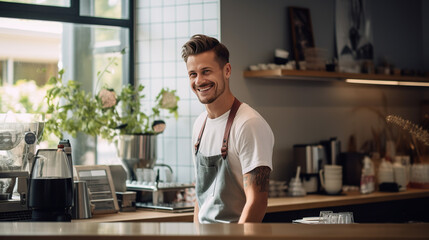 A Cheerful Male Barista in His Element, Spreading Joy Through Coffee