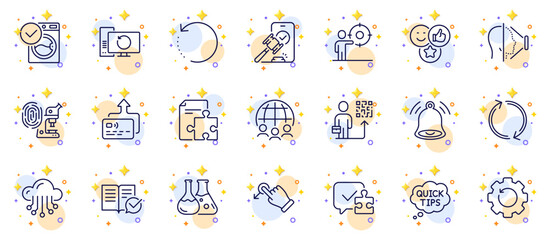 Outline set of Recovery data, Cloud storage and Face id line icons for web app. Include Approved documentation, Auction, Washing machine pictogram icons. Fingerprint research, Quick tips. Vector