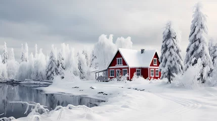 Fotobehang winter landscape of a small house in the snow covered forest. © EvhKorn