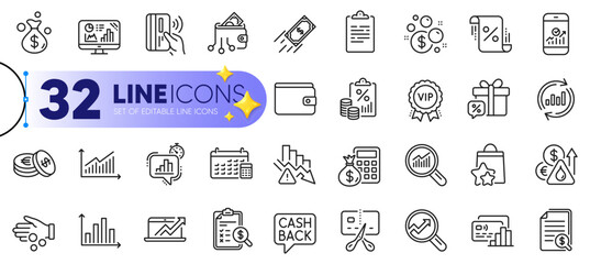 Outline set of Loan percent, Money wallet and Finance calculator line icons for web with Deflation, Smartphone statistics, Sales diagram thin icon. Financial documents, Tax document. Vector