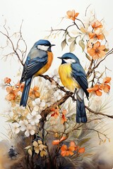 Colorful floral art with birds. Generative AI