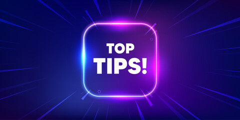 Top tips tag. Neon light frame box banner. Education faq sign. Best help assistance. Top tips neon light frame message. Vector