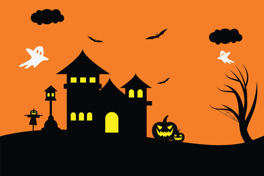 halloween house with pumpkin abckground