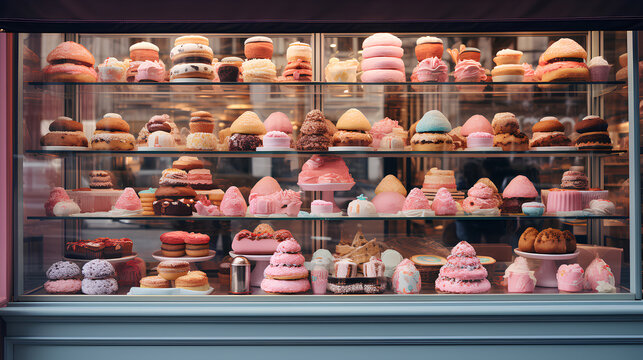 showcase with different kinds of delicious cakes. 