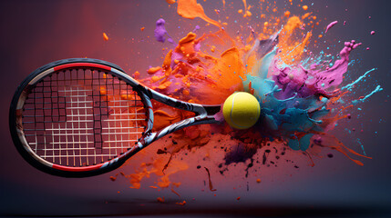  colorful tennis racket and balls on colorful background.