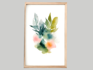 abstract botanical wall paintings. Watercolor abstract painting in a wooden frame. Modern interior triptych with geometric flowers and plants.