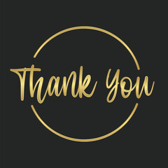 Thank you calligraphic lettering text inside a golden circle frame. Elegant golden style.