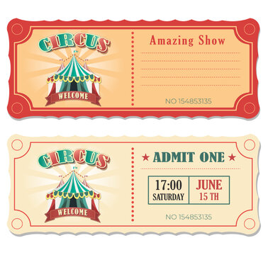 Vector vintage circus ticket. Retro design circus ticket, with top, admit one, code and text elements for events.