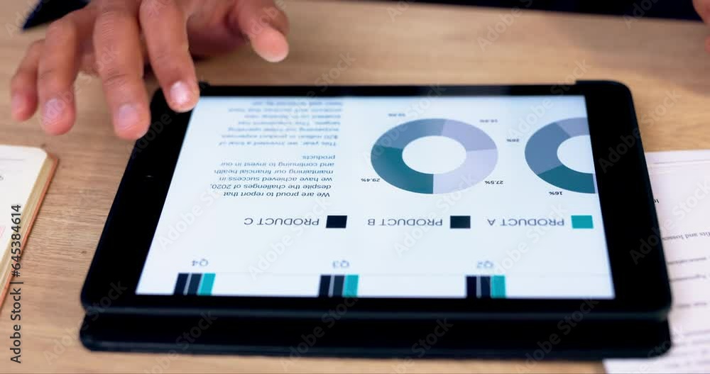 Poster hand of businessman, tablet and graphs at desk for data report with user interface, charts and ux. s