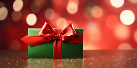 Fototapeta premium Gift box on red festive background. Christmas and New Year concept. Ai generative