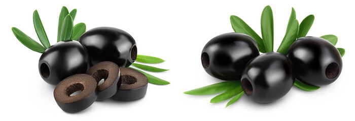 Black olives with leaves isolated on a white background with full depth of field.