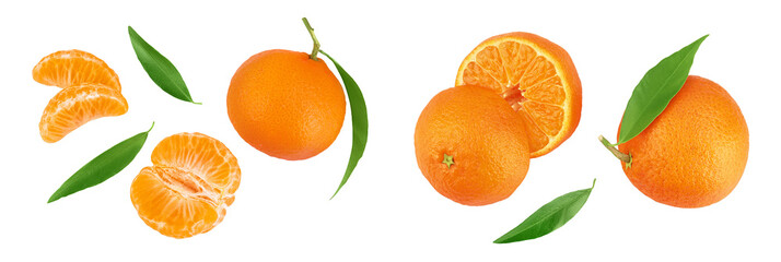 Tangerine or clementine with green leaf isolated on white background with full depth of field. Top view. Flat lay