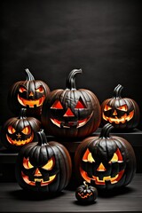 A group of Halloween pumpkins sitting on top of a table with black background made with Generative AI