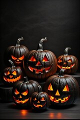 A group of Halloween pumpkins sitting on top of a table with black background made with Generative AI