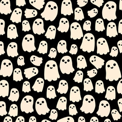 Obraz premium Cute halloween ghost seamless pattern repeat background. Spooky halloween texture for textile, wrapping paper, cover, background, wallpaper, surface, web design.