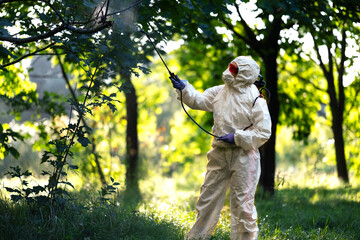 A worker sprays pesticides on trees outdoors, close-up. Pest control