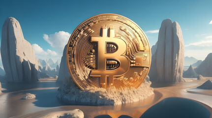 Bitcoin symbol placed on a futuristic landscape, symbolizing the rise and impact of the leading cryptocurrency. Generative AI