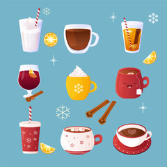 set of winter warm drinks vector illustration