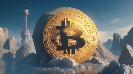 Bitcoin symbol placed on a futuristic landscape, symbolizing the rise and impact of the leading cryptocurrency. Generative AI