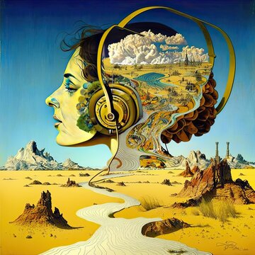 Fantasy landscape with woman with headphones listening music