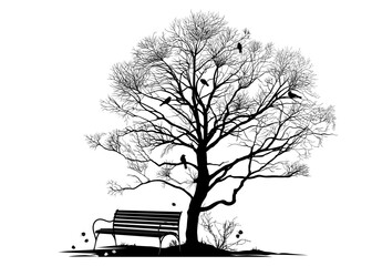 Bench in park. Vector illustration with silhouettes of a tree, birds and a bench. Autumn nature image.
