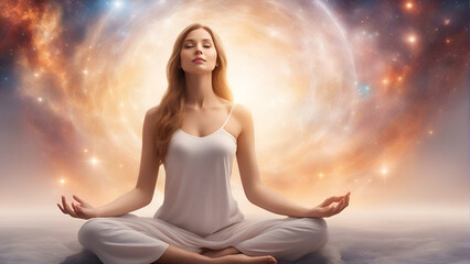Fototapeta na wymiar Serene Woman Meditating in Lotus Pose, Zen Yoga Meditation