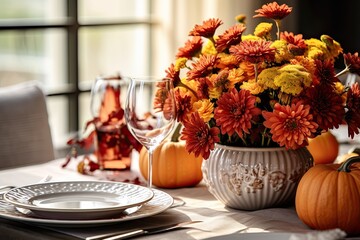 Thanksgiving day table setting in cafe. Autumn centerpieces with pumpkins, orange and yellow flowers . Close up. Generative AI.