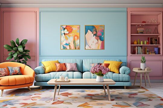 Modern interior. Vibrant pastel girly living room, cozy blue couch, pastel pillows and colorful painting at walls. Generative AI.