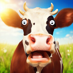 A funny, surprised cow with a goofy expression, enjoying a sunny day in a lush meadow. - obrazy, fototapety, plakaty