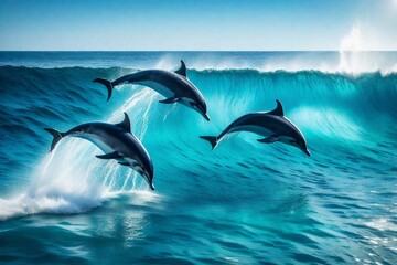 Fototapeta premium Energetic Dolphins Leaping through Crashing Waves