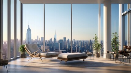 A minimalist loft room with floor - to - ceiling windows offering a panoramic view of the iconic manhattan skyline, USA, New York, Copy space, Concept: Travel the World, 16:9