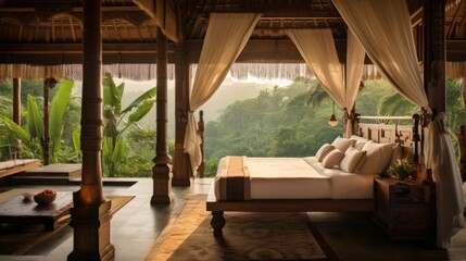 A bamboo-accented room featuring a canopy bed, overlooking lush rice terraces and distand temples, Bali, Indonesia, Concept: Travel the world, 16:9