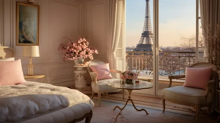 Fotobehang A quaint room overlooking the eiffel tower, adorned with soft pastel hues and vintag artwork, France, Paris, Concept: Travel the world, 16:9 © Christian