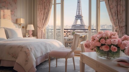 A quaint room overlooking the eiffel tower, adorned with soft pastel hues and vintag artwork, France, Paris, Concept: Travel the world, 16:9