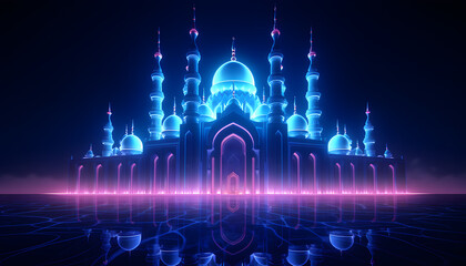 Neon light beautiful serene mosque at night