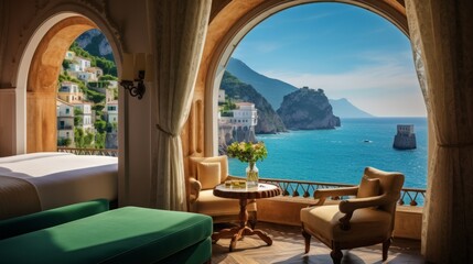 Obraz na płótnie Canvas A room with a rustic charm, featuring a large window framing the dramatic amalfi coastline and turquoise waters in Italy, 16:9, Concept: Travel the World