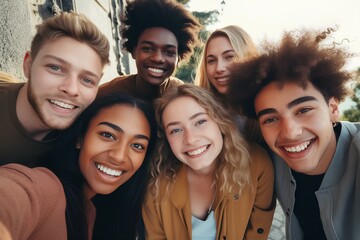 Multicultural group of friends taking selfie picture outside, Happy young people smiling at camera together. Friendship concept in city street. generative AI