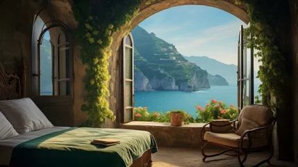 Selbstklebende Fototapeten A room with a rustic charm, featuring a large window framing the dramatic amalfi coastline and turquoise waters in Italy, 16:9, Concept: Travel the World © Christian