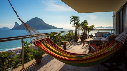 A room with a hammock on the balcony, providing a splendid view of copacabana beach and sugarloaf mountain, high quality, travel concept, 16:9