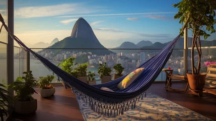 Papier Peint photo Copacabana, Rio de Janeiro, Brésil A room with a hammock on the balcony, providing a splendid view of copacabana beach and sugarloaf mountain, high quality, travel concept, 16:9