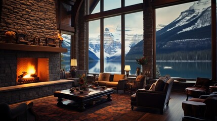 A room with a fireplace and large windows framing the rugged rocky mountains and serene lake louise, Canada, 16:9