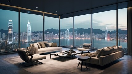 Hong Kong, a sleek room in a high rise building, revealing the dynamic cityscape and victoria harbour, 16:9, high quality