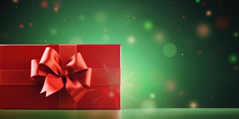 Gift box with red ribbon on green festive background. Copy space, add text or logo. Christmas and New Year concept. Ai generative