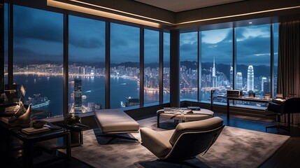 Fototapeta premium Hong Kong, a sleek room in a high rise building, revealing the dynamic cityscape and victoria harbour, 16:9, high quality