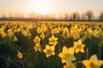Obraz premium A vibrant field of yellow daffodils with the sun shining in the background