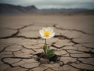 White flower on cracked earth background. Global warming and climate change concept. Generative ai