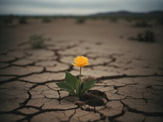 Flower on cracked earth background. Global warming and climate change concept. Generative ai